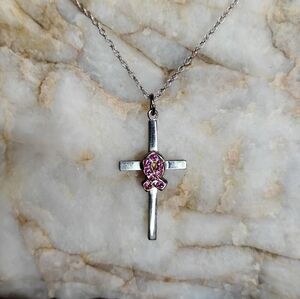 Elegant Silver Cross Necklace with Pink Gemstone